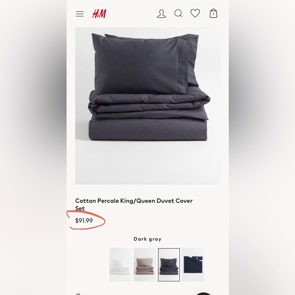 H&M Home king duvet set: cover + 2 pillowcases/ shams, dark gray, 100% cotton